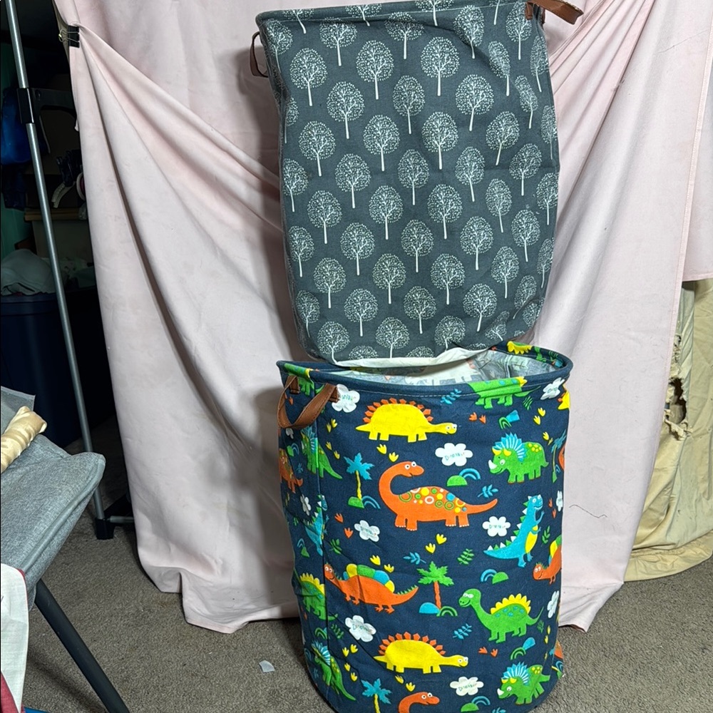 Gray and Dinosaur Print Laundry Baskets